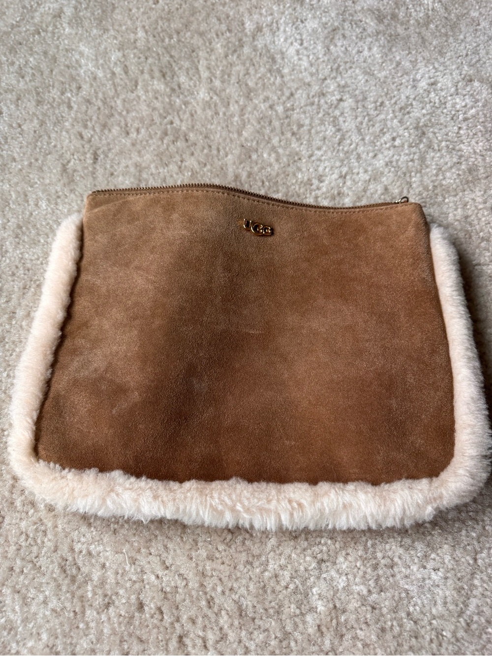 UGG Chestnut Suede Clutch with Cream Shearling Trim